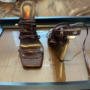 Brown Faux Snake Skin Strappy Heels